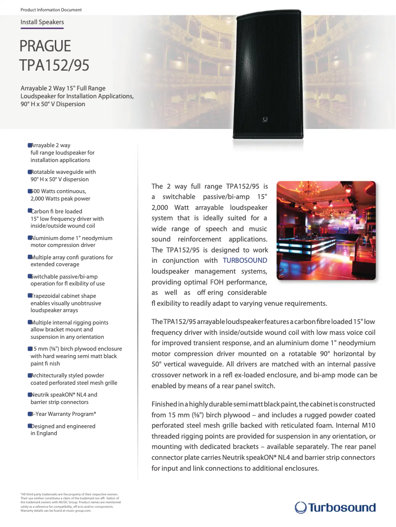 Página 1 del manual Ficha técnica Turbosound Prague TPA152/95