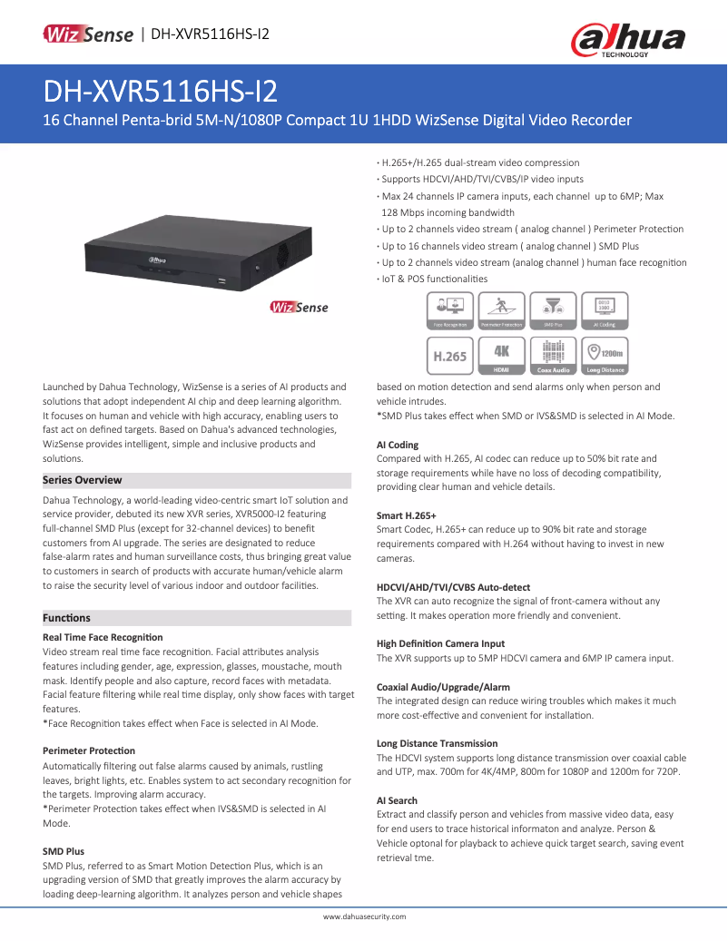 Page 1 de la notice Fiche technique Dahua Technology XVR5116HS-I2
