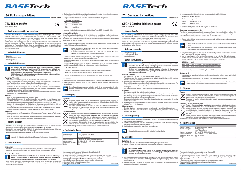 Page 1 de la notice Manuel utilisateur BaseTech CTG-15