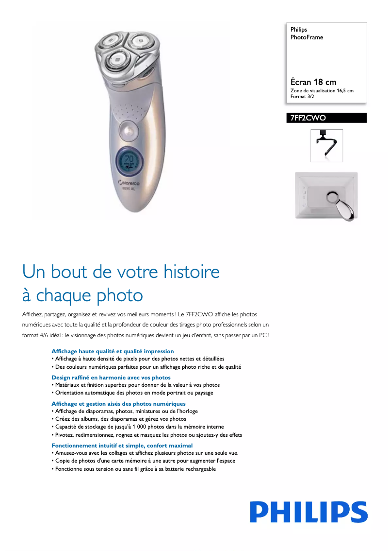 Page 1 de la notice Fiche technique Philips PhotoFrame 7FF2CWO