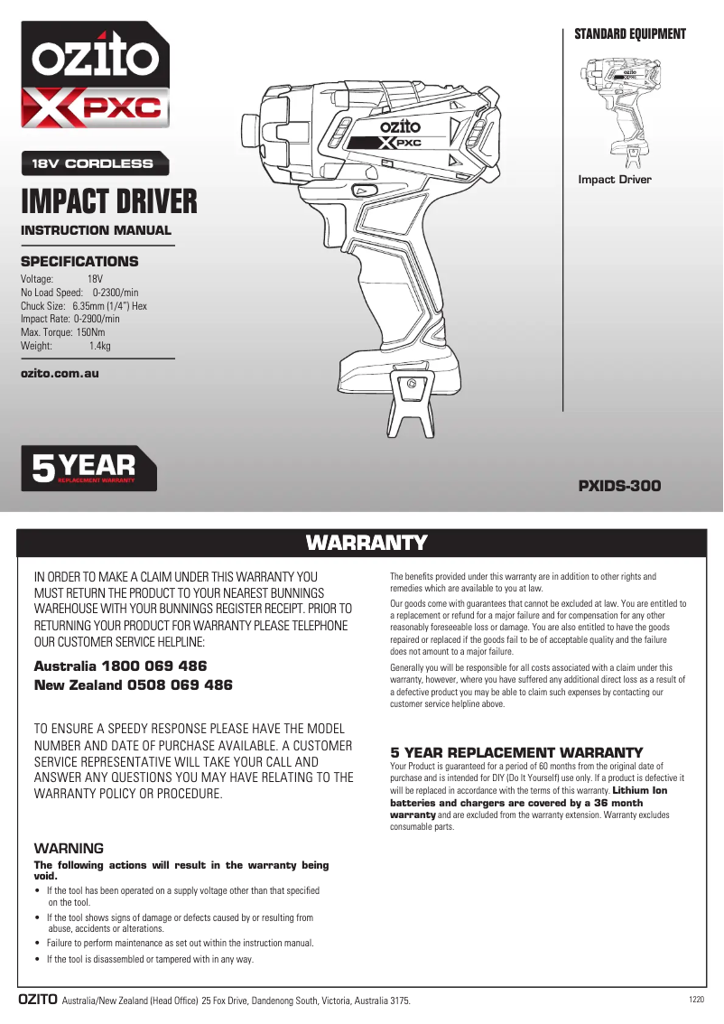 Page 1 de la notice Manuel utilisateur Ozito PXIDK-250