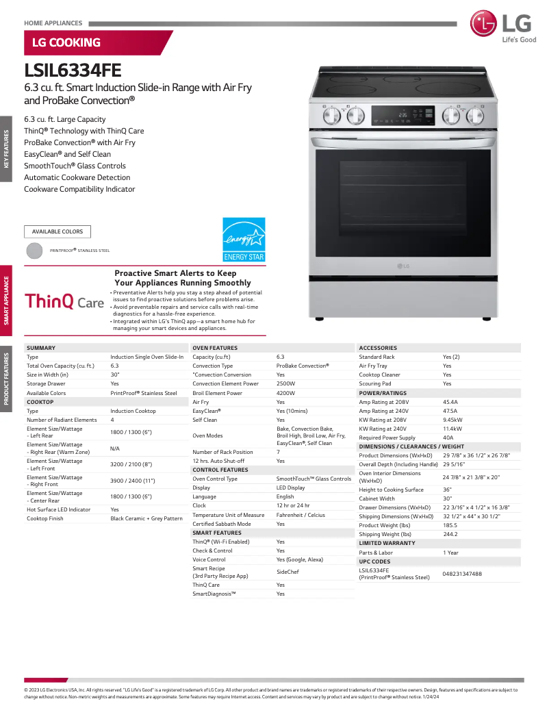 Page 1 de la notice Fiche technique LG LSIL6334FE