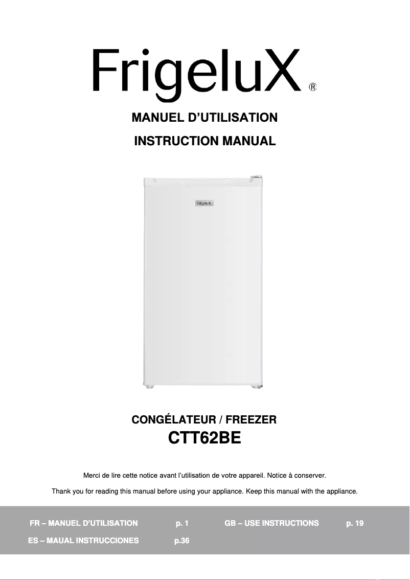 Page n°1 - Manuel utilisateur FrigeluX CTT62BE
