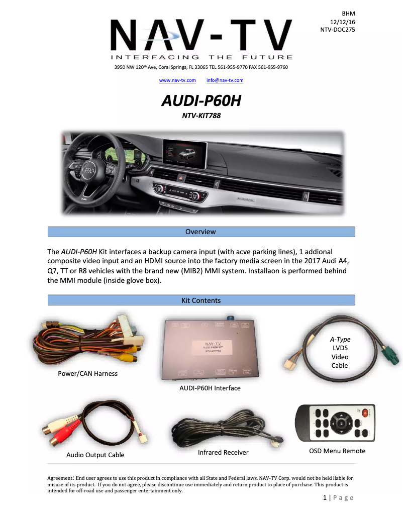 Page n°1 - Guide d'installation NAV-TV NTV-KIT788