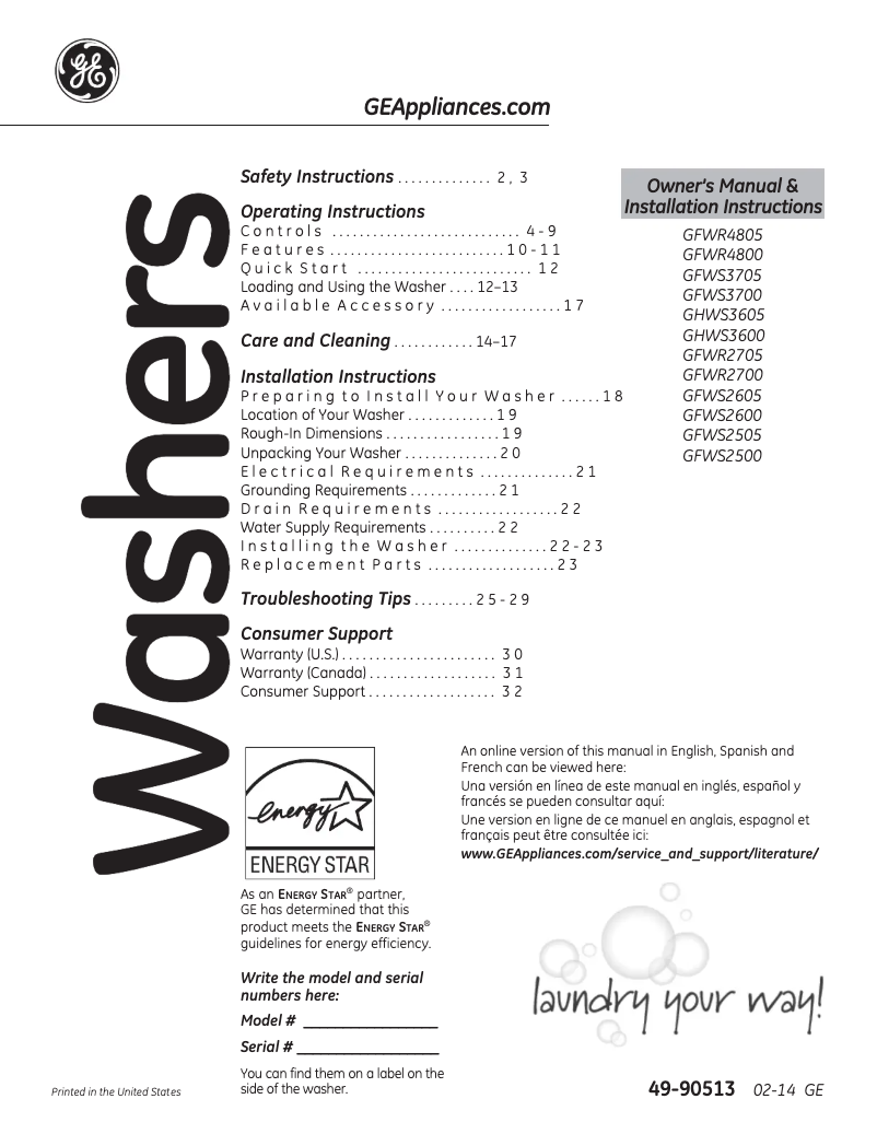 First page image of the manual for GFWS2505