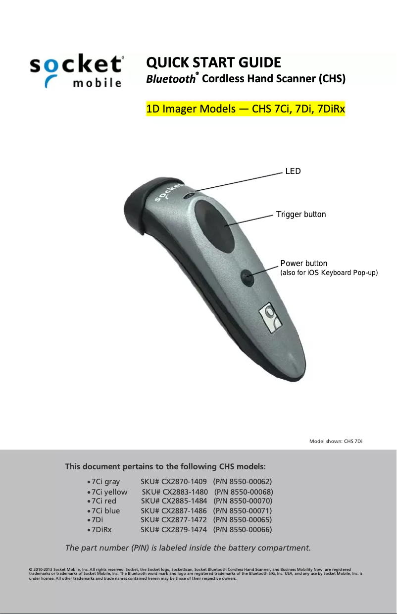 Page 1 de la notice Manuel utilisateur Socket Mobile CHS 7DIRx