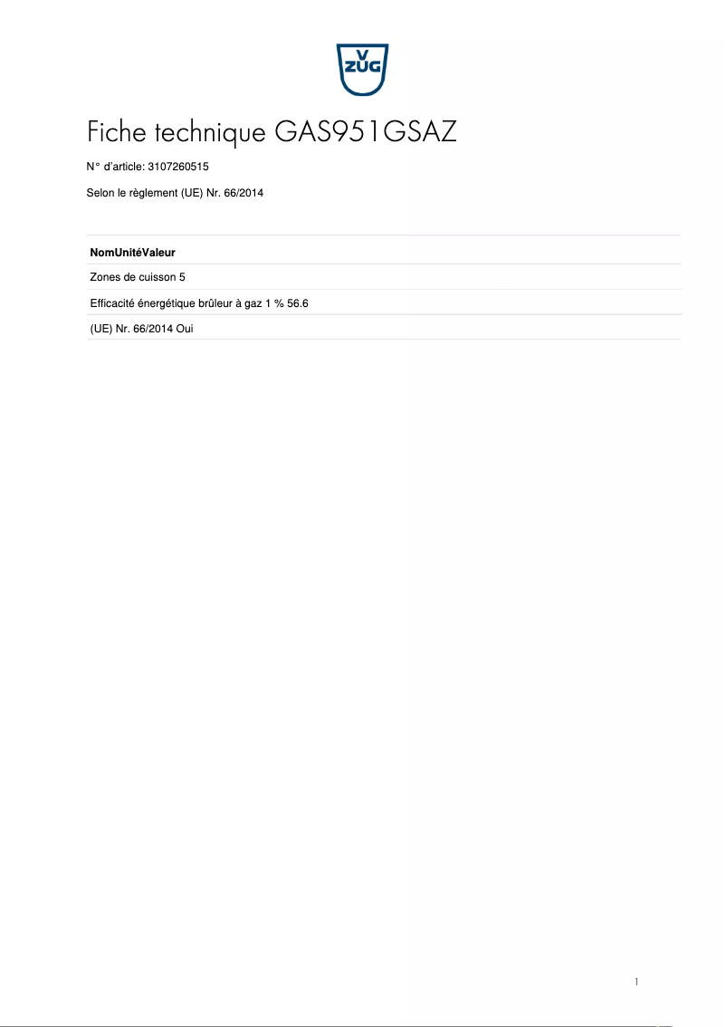 Page 1 de la notice Fiche technique V-Zug GAS951GSAZ