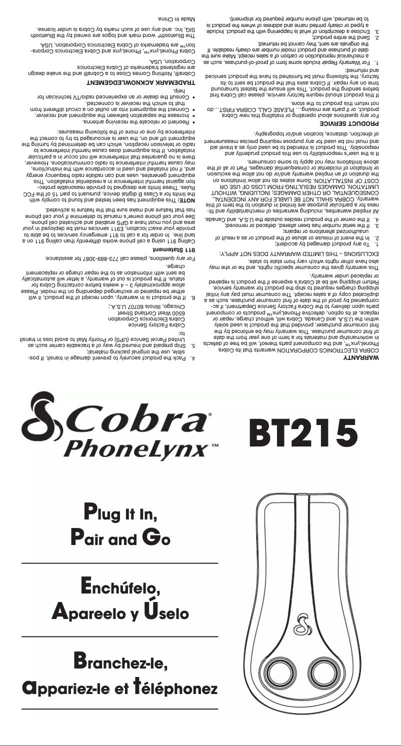 Page 1 de la notice Manuel utilisateur Cobra PhoneLynx BT215