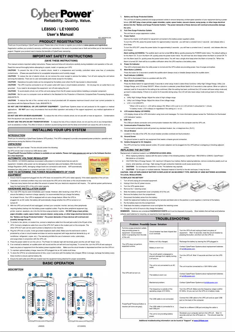 Page 1 de la notice Manuel utilisateur CyberPower LE850G