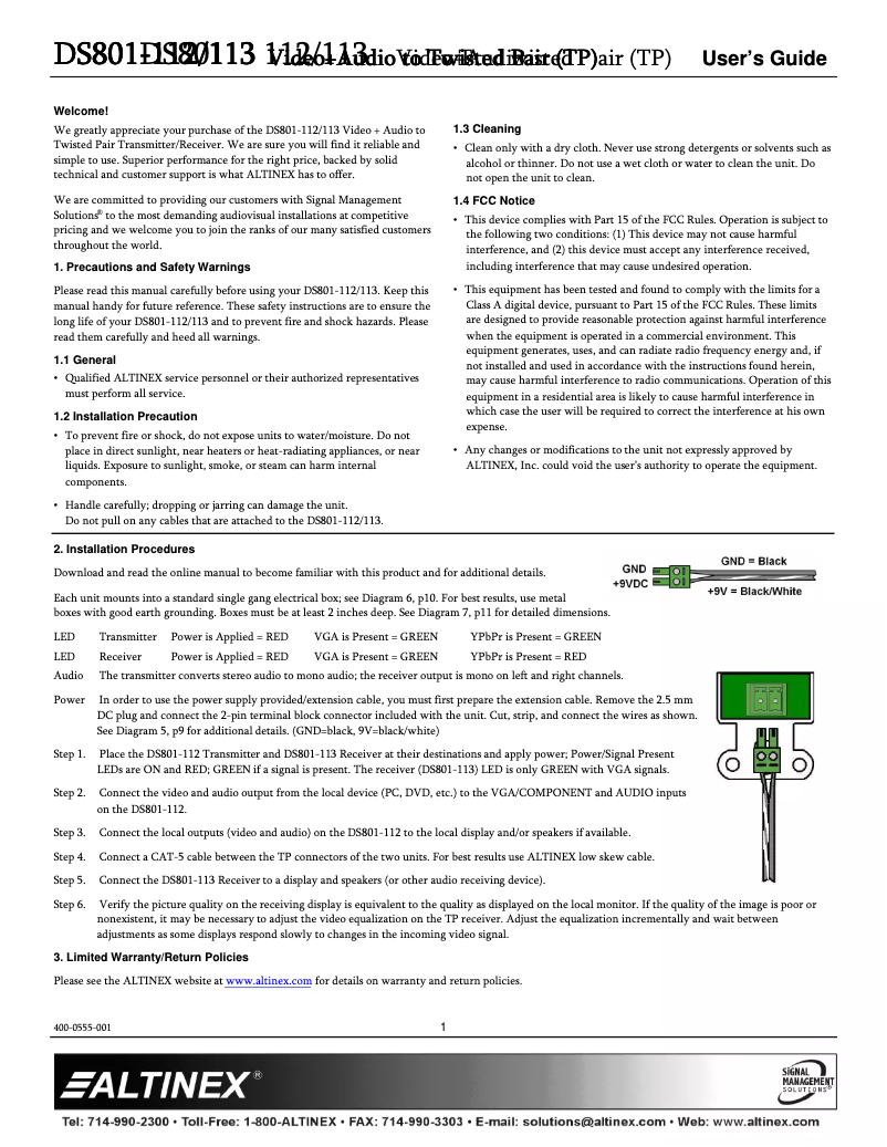 Page 1 de la notice Manuel utilisateur Altinex DS801-112