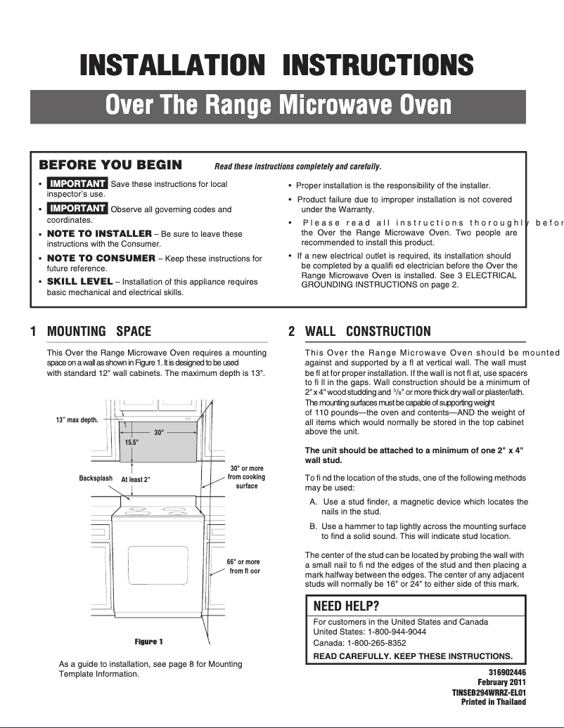 Page 1 de la notice Guide d'installation Frigidaire FGMV185KB
