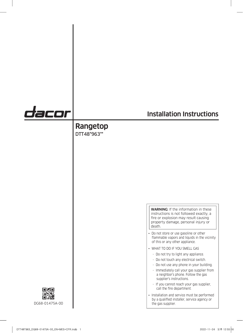 Page 1 de la notice Guide d'installation Dacor DTT48T963GS