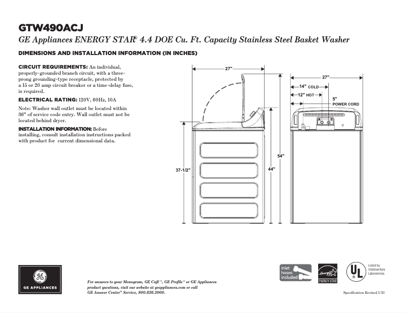 Page 1 of the manual Technical Sheet GE GTW490ACJWW
