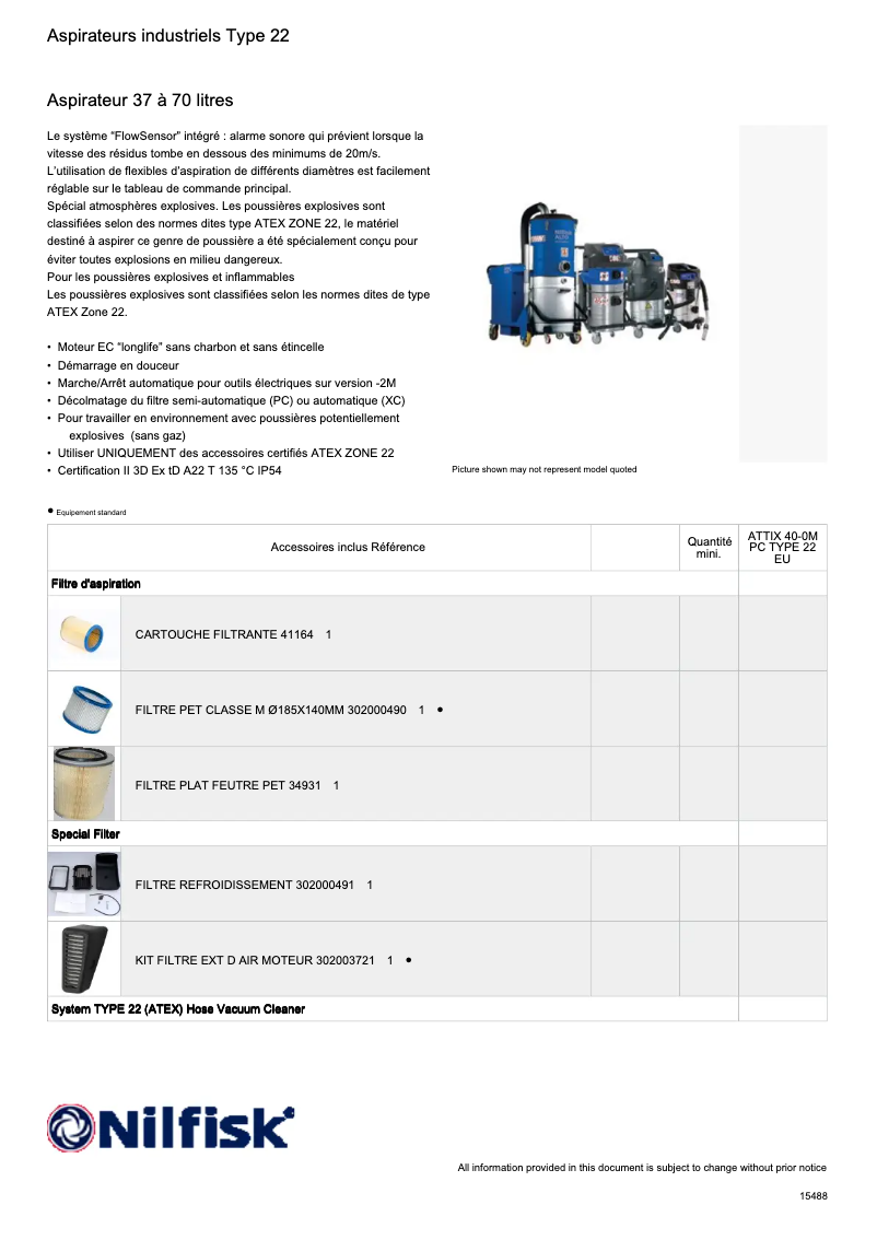 Page 1 de la notice Fiche technique Nilfisk ATTIX 40-0M PC