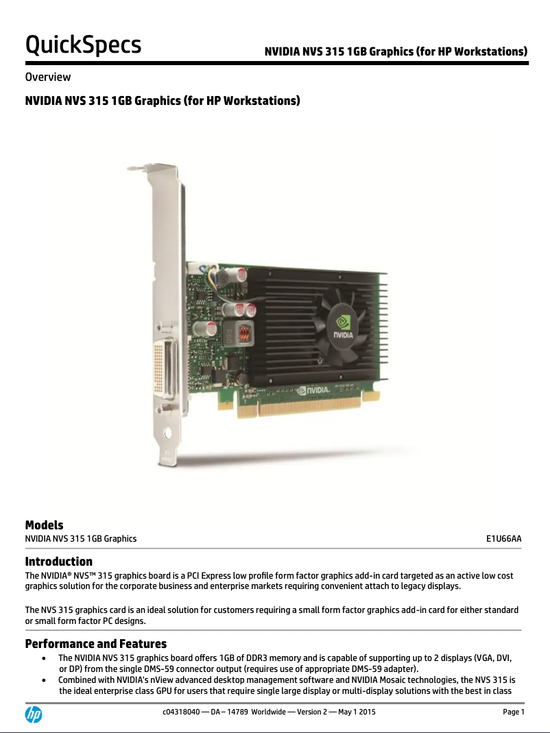 Page 1 de la notice Manuel utilisateur HP NVIDIA NVS 315