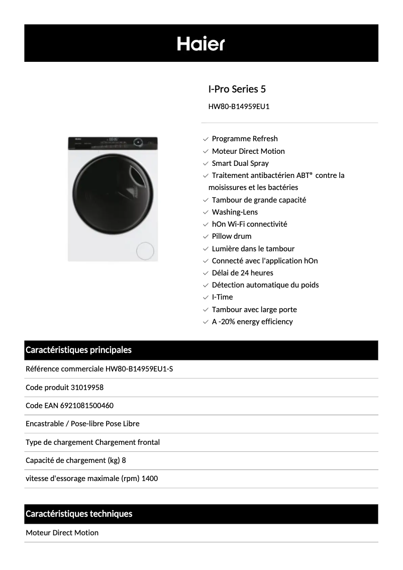 Page 1 de la notice Fiche technique Haier HW80-B14959