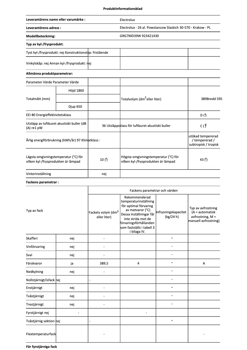 Page 1 de la notice Fiche technique Electrolux GRG7MD39W