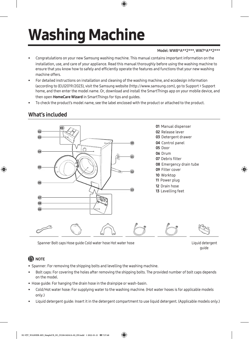 Page 1 de la notice Guide de démarrage rapide Samsung WW80A6S28AE