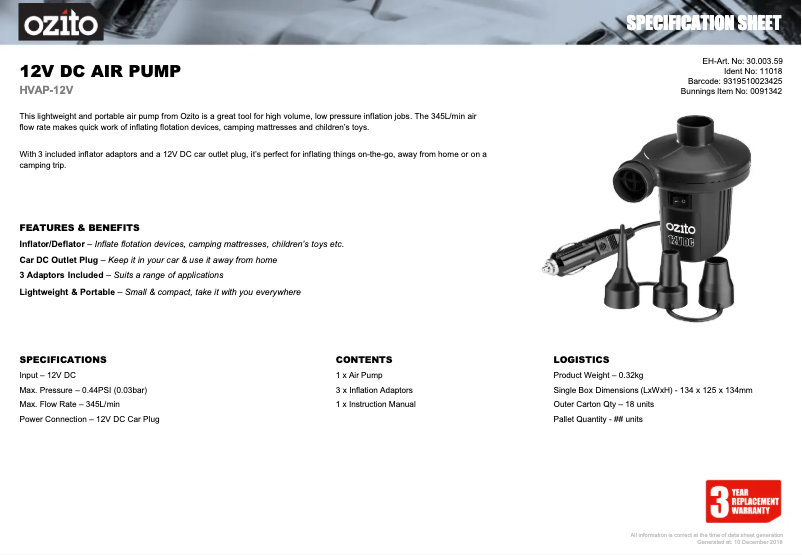 Image de la première page du manuel de l'appareil HVAP-12V