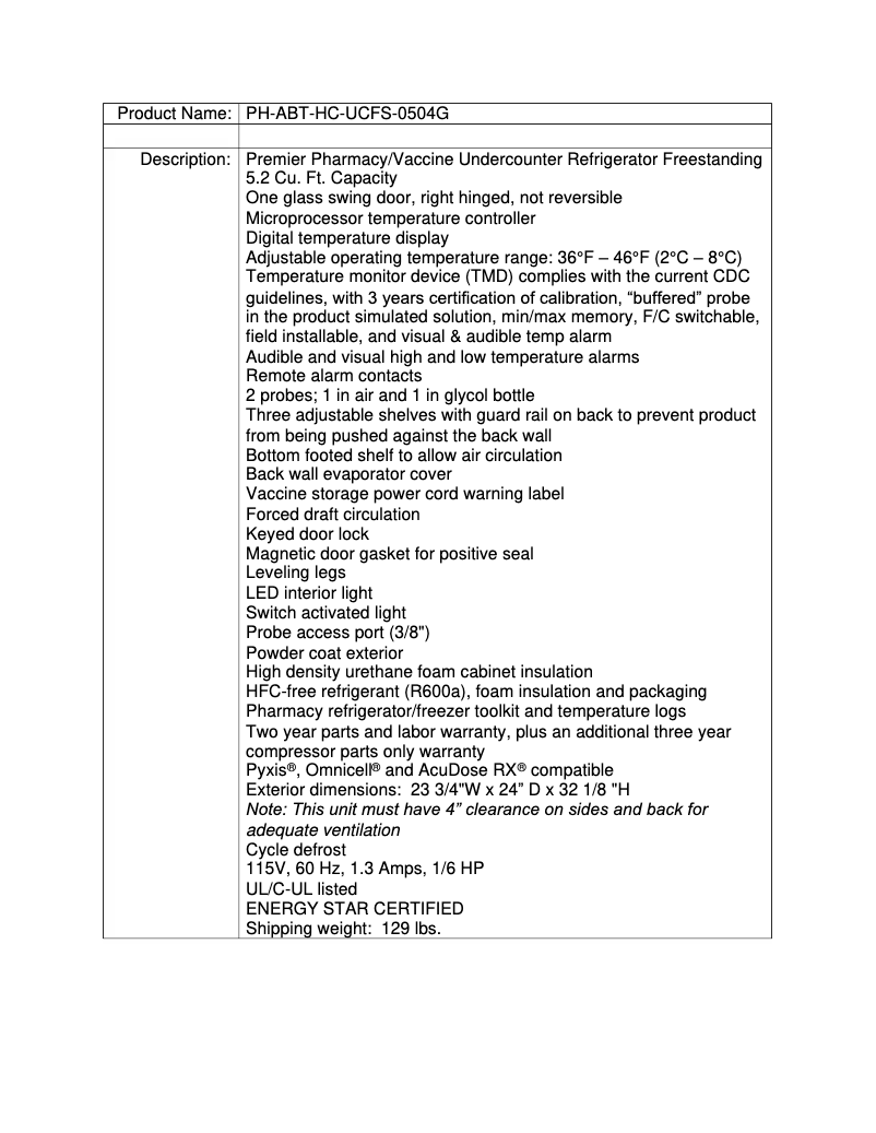 Page 1 de la notice Fiche technique American BioTech Supply PH-ABT-HC-UCFS-0504G