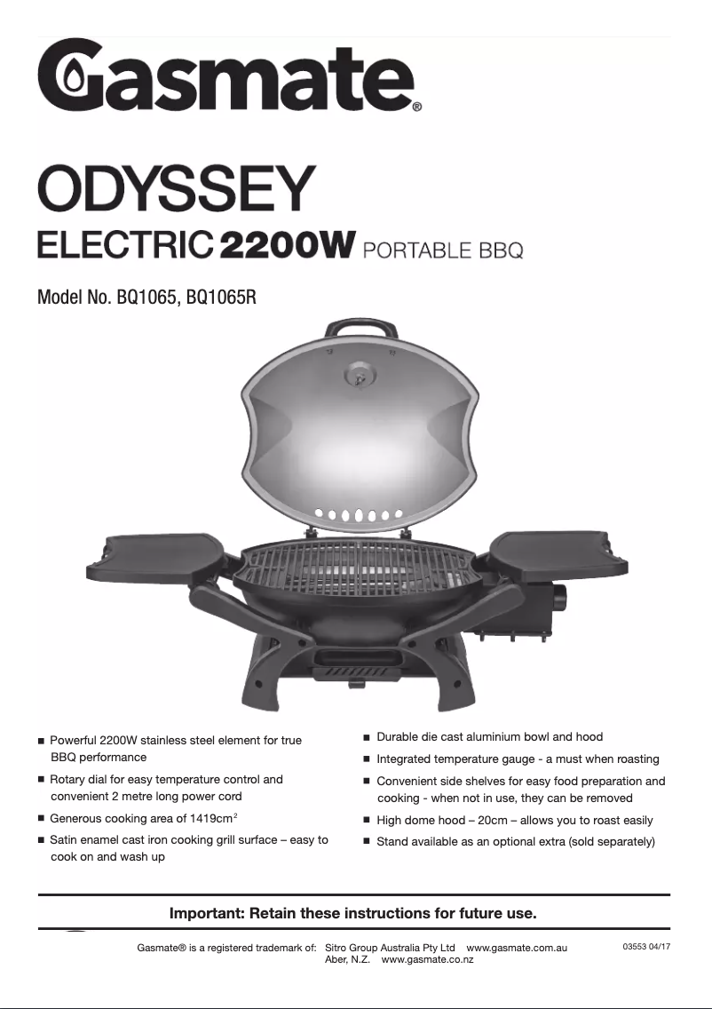 Page 1 de la notice Manuel utilisateur Gasmate Odyssey BQ1065