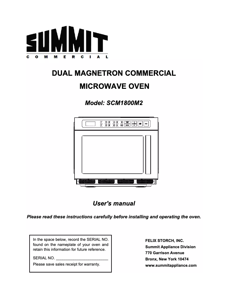 Page n°1 - Manuel d'utilisation et d'entretien Summit SCM1800M2