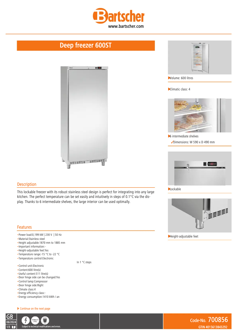 Page 1 de la notice Fiche technique Bartscher 600ST