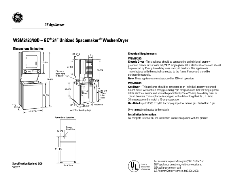 Page 1 of the manual Technical Sheet GE WSM2420DWW