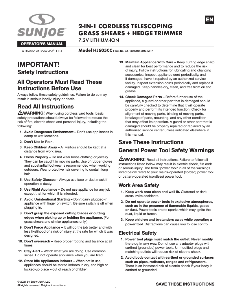 Page 1 de la notice Manuel utilisateur Sun Joe HJ605CC