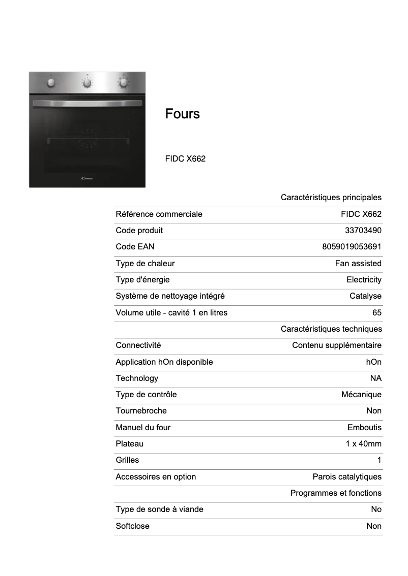 Page 1 de la notice Fiche technique Candy FIDC X662