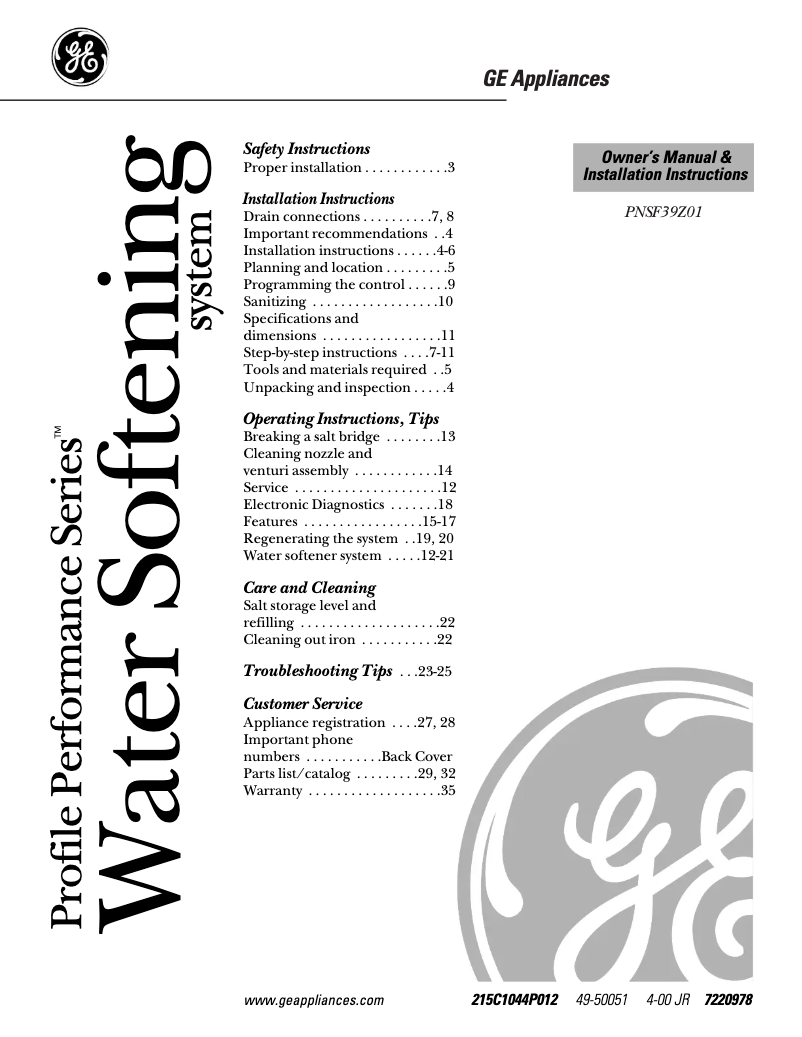 First page image of the manual for Profile PNSF39Z