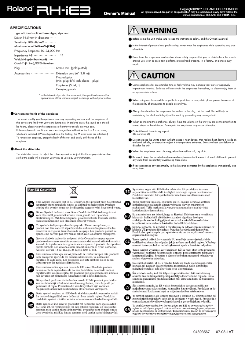Page n°1 - Manuel utilisateur Roland RH-iE3
