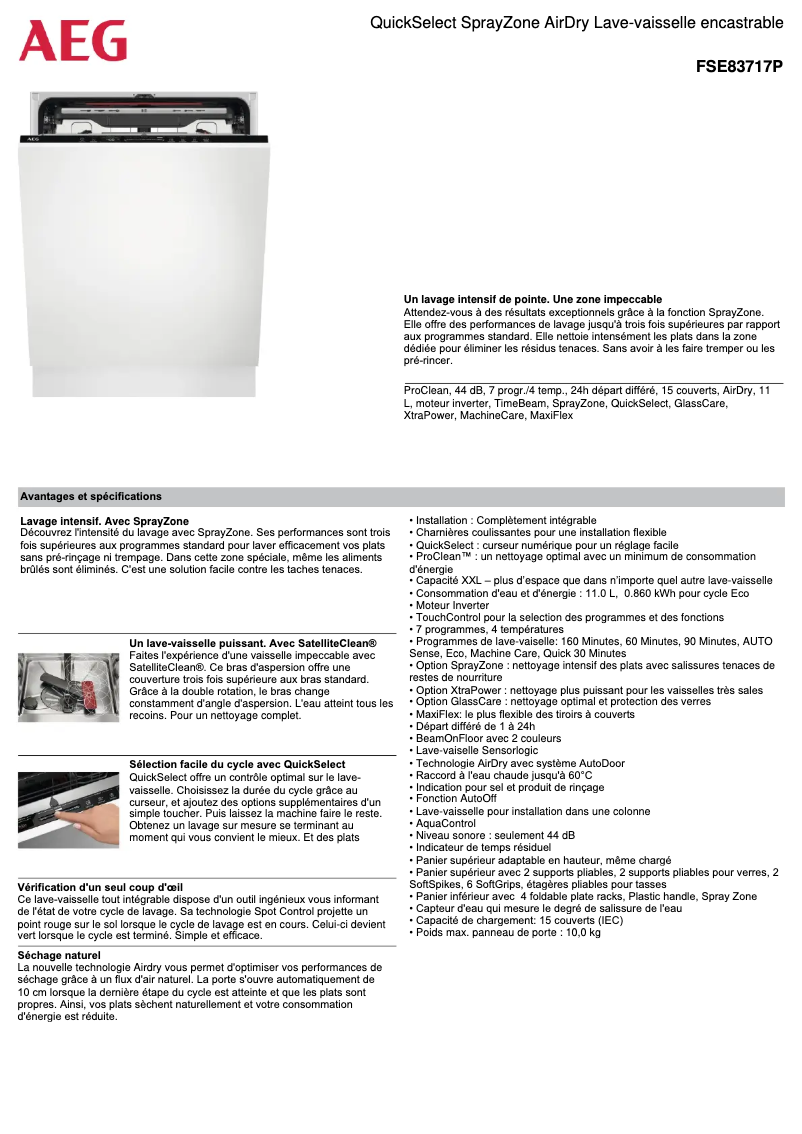 Page 1 de la notice Fiche technique AEG FSE83717P
