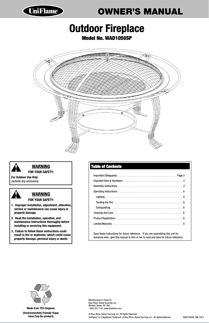 Page n°1 - Manuel utilisateur Blue Rhino WAD1050SP