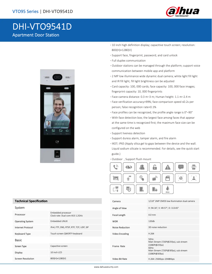 Page 1 de la notice Fiche technique Dahua Technology VTO9541D