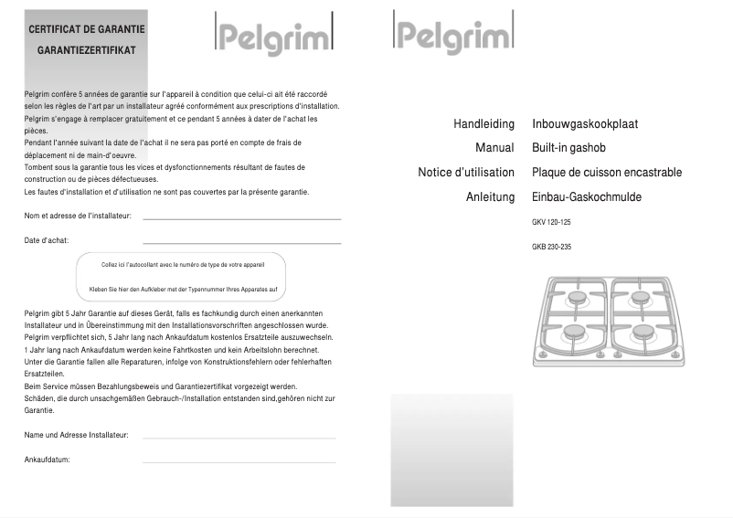 Page 1 de la notice Manuel utilisateur Pelgrim GKV120