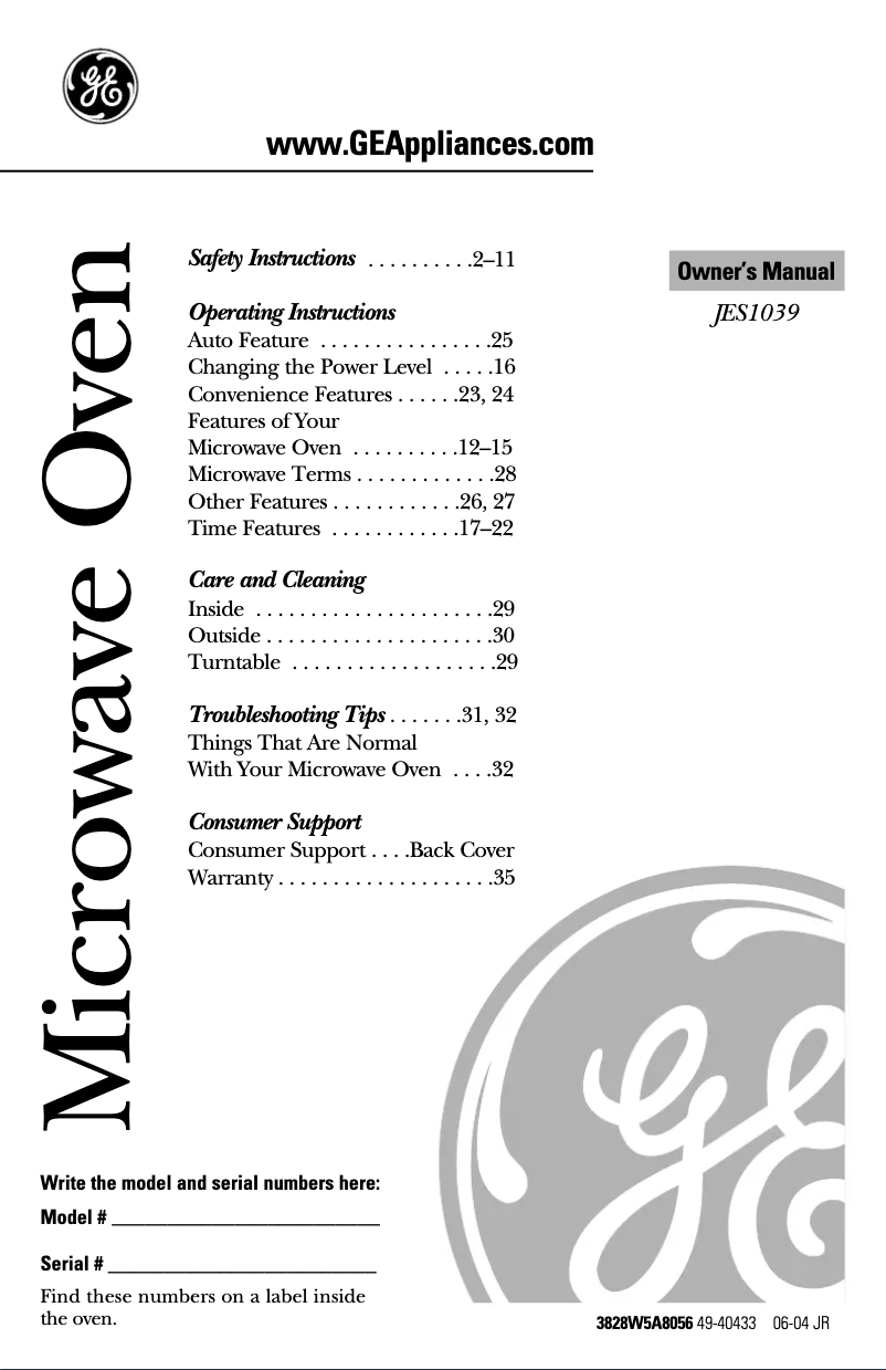Page n°1 - Guide d'installation GE JES1039WJ