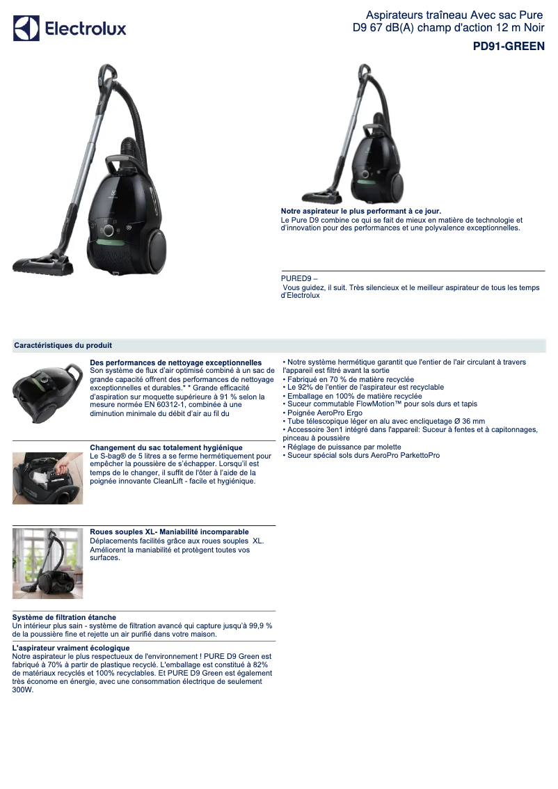 Page 1 de la notice Fiche technique Electrolux Pure D9