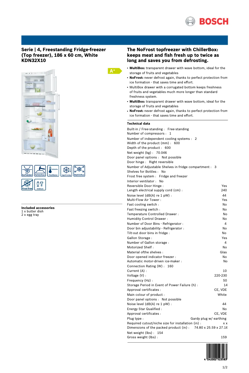 Page 1 de la notice Fiche technique Bosch KDN32x10