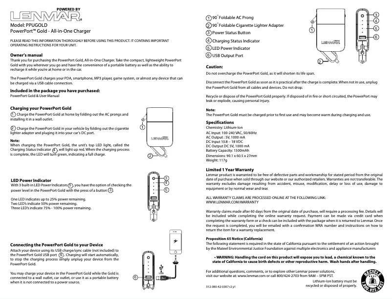 Page n°1 - Manuel utilisateur Lenmar PowerPort