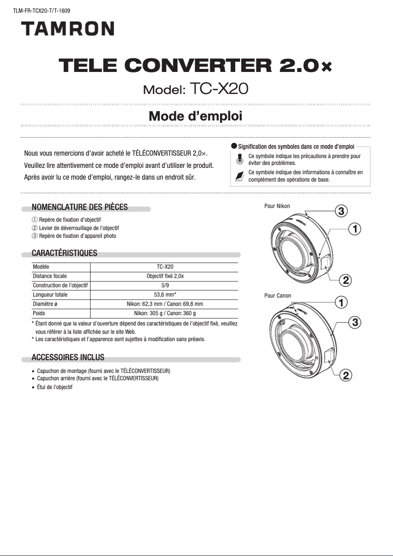 Page 1 de la notice Manuel utilisateur Tamron TELE CONVERTER 2.0x