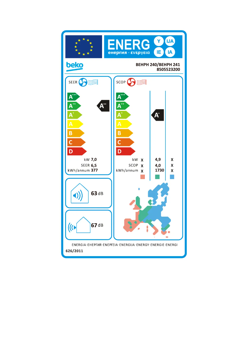 Page 1 de la notice Label énergétique Beko BEHPH 241