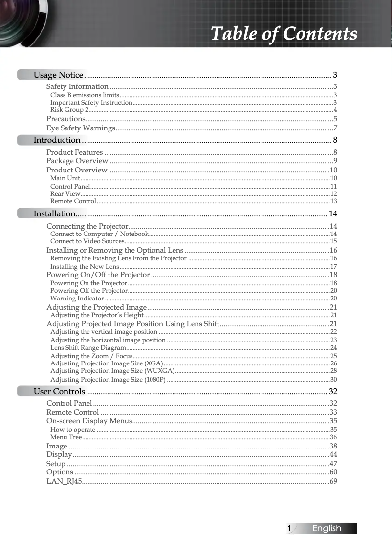 Page n°1 - Manuel utilisateur Optoma X605E