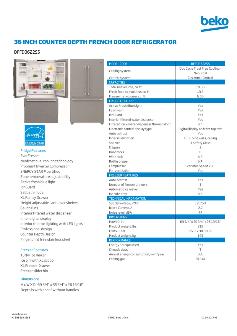 Page 1 de la notice Fiche technique Beko BFFD3624SS