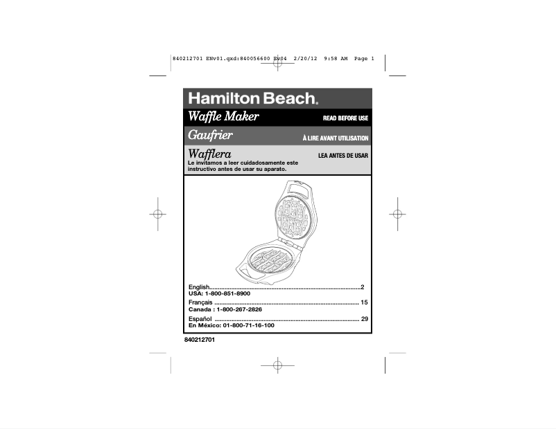 Page 1 de la notice Manuel utilisateur Hamilton Beach 26040