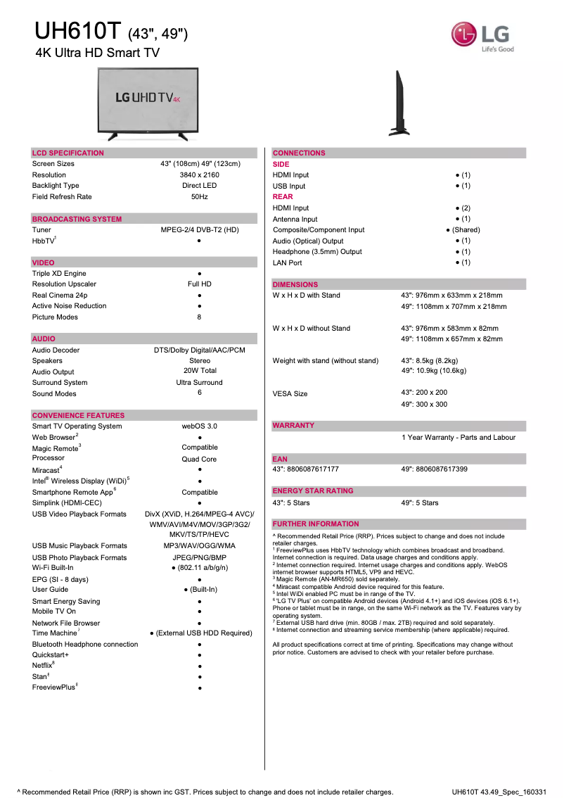 Page n°1 - Fiche technique LG 49UH610T