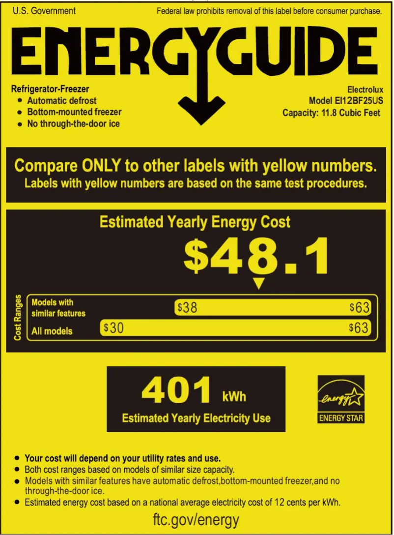 Page 1 de la notice Label énergétique Electrolux EI12BF25US