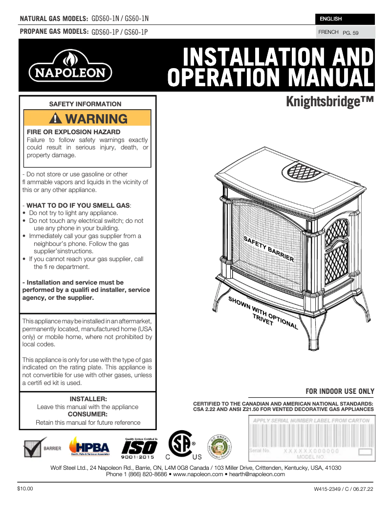 Page n°1 - Manuel utilisateur Napoleon Knightsbridge GDS60