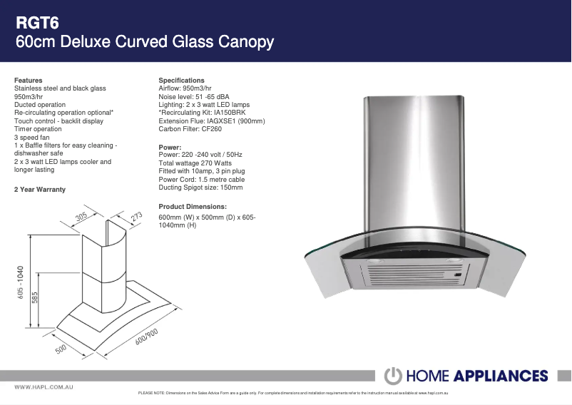 Page 1 de la notice Fiche technique ARC RGT6
