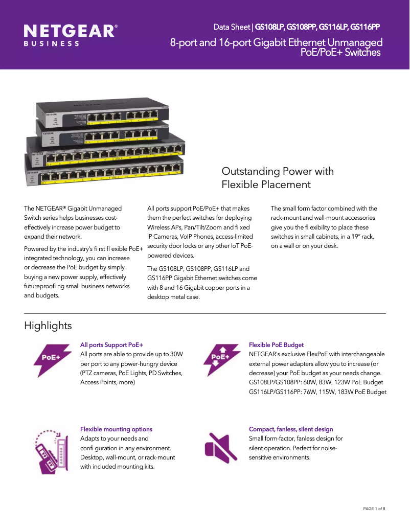 Page n°1 - Fiche technique Netgear ProSafe GS108PP